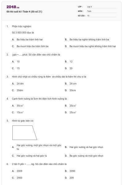 Đề thi cuối kì I Toán 4 (đề số 21)