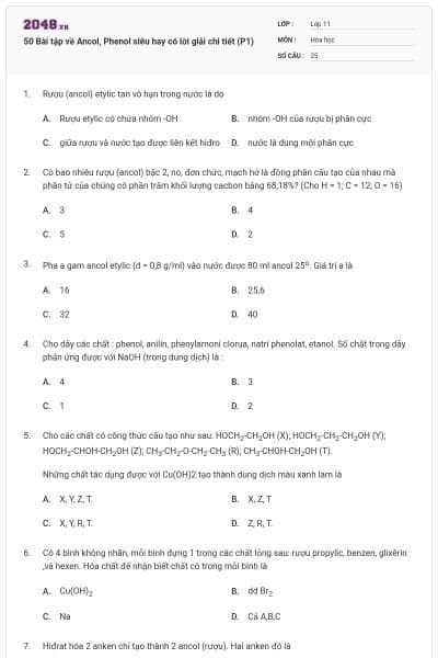 50 Bài tập về Ancol, Phenol siêu hay có lời giải chi tiết (P1)