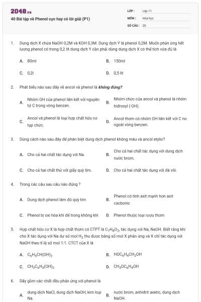 40 Bài tập về Phenol cực hay có lời giải (P1)