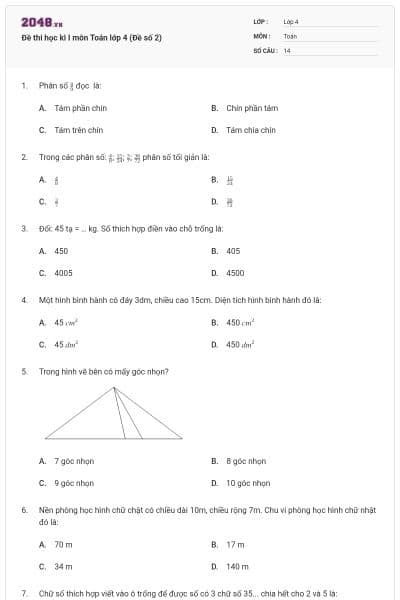 Đề thi học kì I môn Toán lớp 4 (Đề số 2)