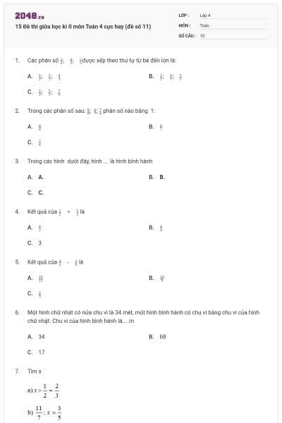 15 Đề thi giữa học kì II môn Toán 4 cực hay (đề số 11)