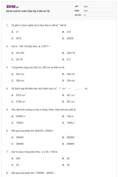Đề thi cuối kì I môn Toán lớp 4 (Đề số 15)