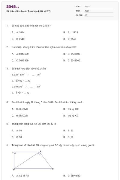 Đề thi cuối kì I môn Toán lớp 4 (Đề số 17)