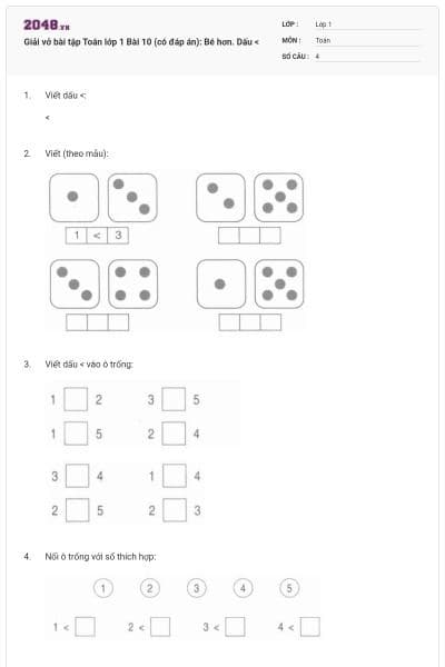 Giải vở bài tập Toán lớp 1 Bài 10 (có đáp án): Bé hơn. Dấu <