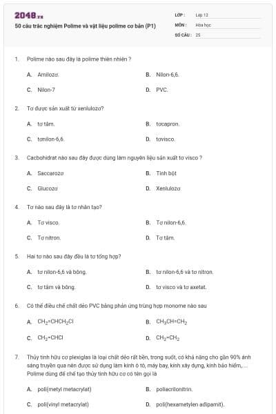 50 câu trắc nghiệm Polime và vật liệu polime cơ bản (P1)