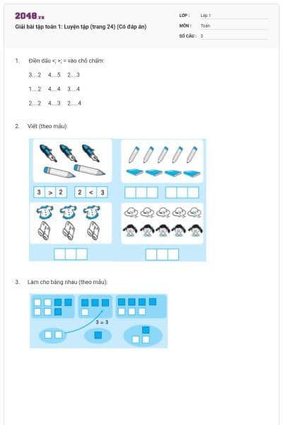 Giải bài tập toán 1: Luyện tập (trang 24) (Có đáp án)