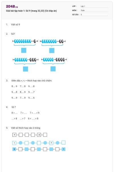 Giải bài tập toán 1: Số 9 (trang 32,33) (Có đáp án)