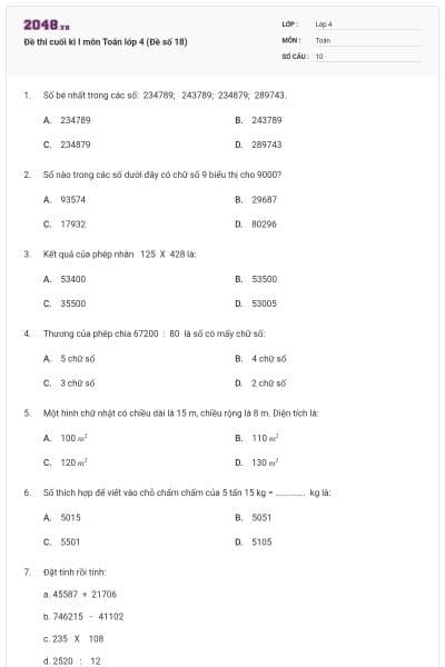 Đề thi cuối kì I môn Toán lớp 4 (Đề số 18)