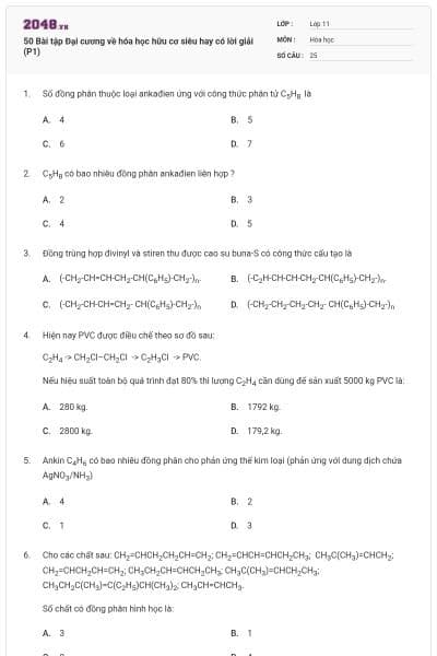 50 Bài tập Đại cương về hóa học hữu cơ siêu hay có lời giải (P1)
