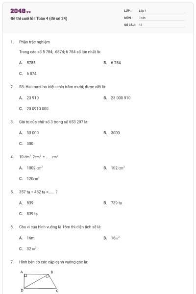 Đề thi cuối kì I Toán 4 (đề số 24)