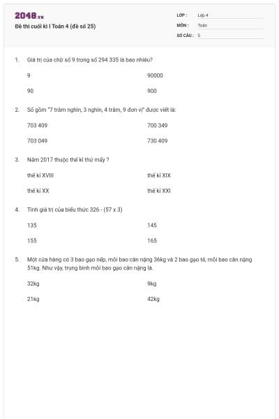 Đề thi cuối kì I Toán 4 (đề số 25)