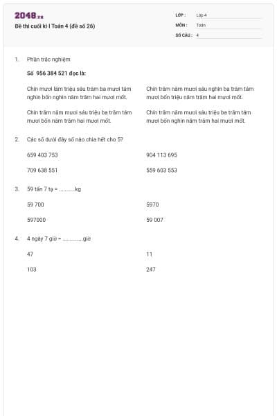 Đề thi cuối kì I Toán 4 (đề số 26)