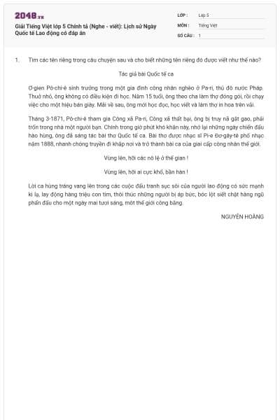 Giải Tiếng Việt lớp 5 Chính tả (Nghe - viết): Lịch sử Ngày Quốc tế Lao động có đáp án