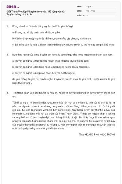 Giải Tiếng Việt lớp 5 Luyện từ và câu: Mở rộng vốn từ: Truyền thống có đáp án
