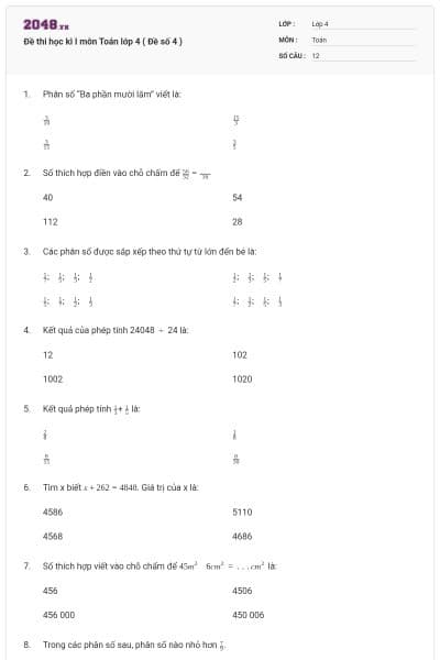 Đề thi học kì I môn Toán lớp 4 ( Đề số 4 )