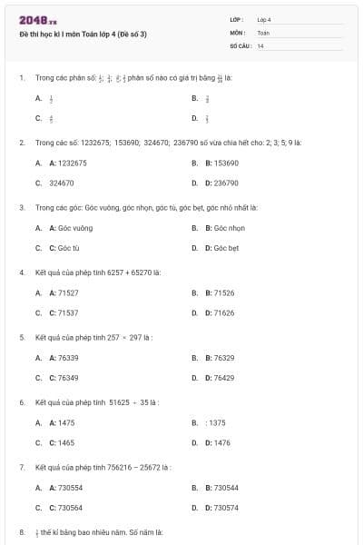 Đề thi học kì I môn Toán lớp 4 (Đề số 3)