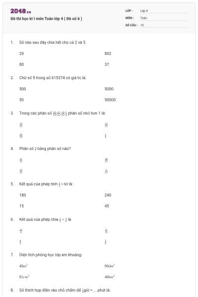 Đề thi học kì I môn Toán lớp 4 ( Đề số 6 )