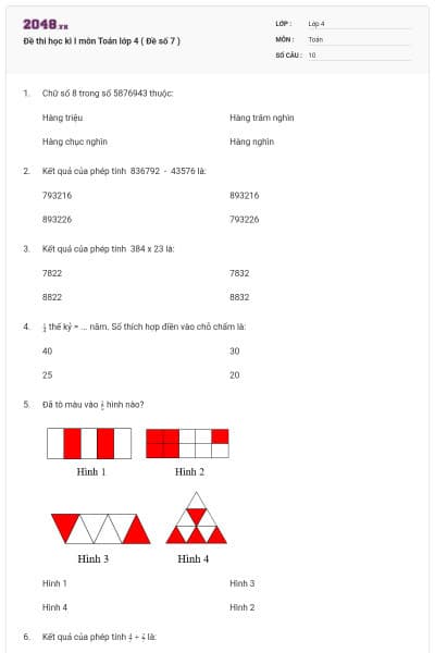 Đề thi học kì I môn Toán lớp 4 ( Đề số 7 )