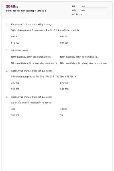 Đề thi học kì I môn Toán lớp 4 ( Đề số 8 )