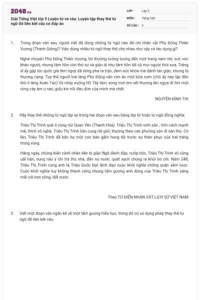 Giải Tiếng Việt lớp 5 Luyện từ và câu: Luyện tập thay thế từ ngữ để liên kết câu có đáp án