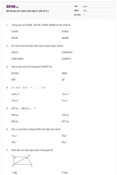Đề thi học kì I môn Toán lớp 4 ( Đề số 9 )