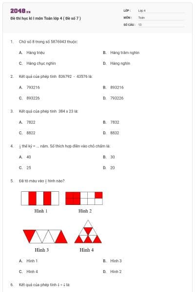 Đề thi học kì I môn Toán lớp 4 ( Đề số 7 )