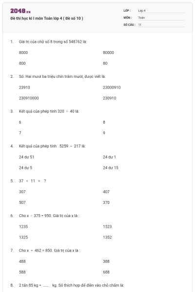 Đề thi học kì I môn Toán lớp 4 ( Đề số 10 )