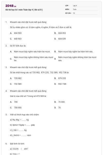 Đề thi học kì I môn Toán lớp 4 ( Đề số 8 )