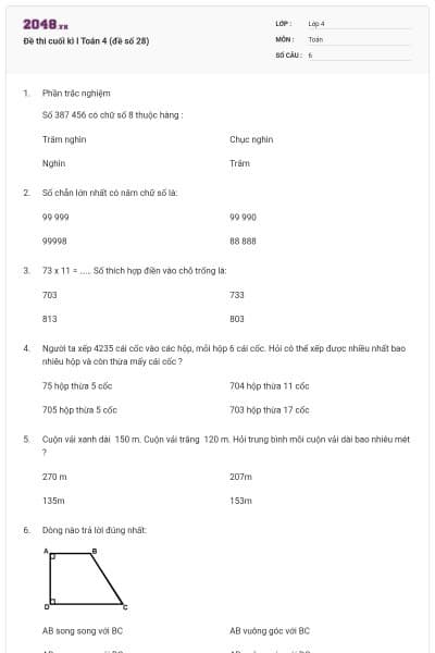 Đề thi cuối kì I Toán 4 (đề số 28)