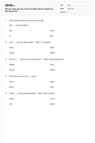 Bài tập Tiếng Anh lớp 5 Unit 18: What will the weather be like tomorrow?