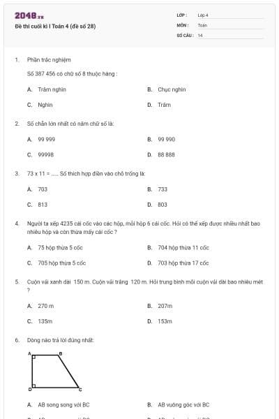 Đề thi cuối kì I Toán 4 (đề số 28)