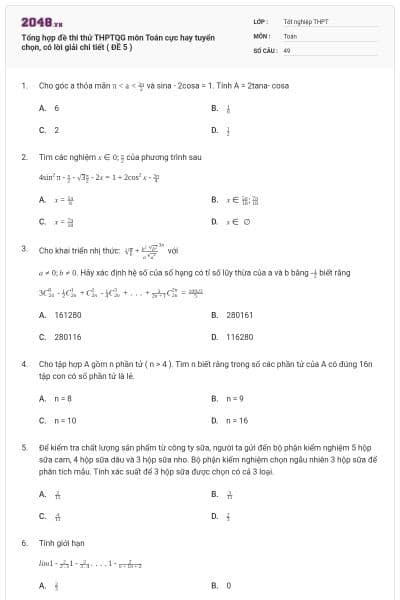 Tổng hợp đề thi thử THPTQG môn Toán cực hay tuyển chọn, có lời giải chi tiết ( ĐỀ 5 )
