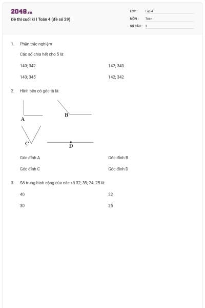 Đề thi cuối kì I Toán 4 (đề số 29)