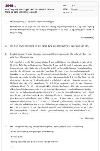 Giải Tiếng Việt lớp 5 Luyện từ và câu: Liên kết các câu trong bài bằng từ ngữ nối có đáp án