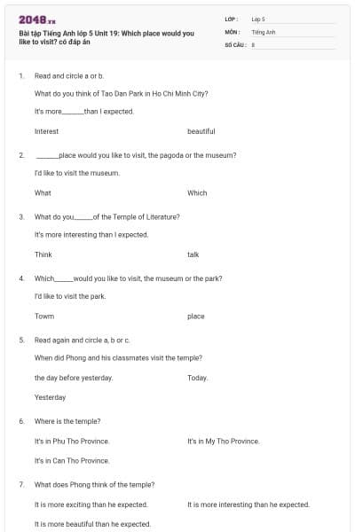 Bài tập Tiếng Anh lớp 5 Unit 19: Which place would you like to visit? có đáp án