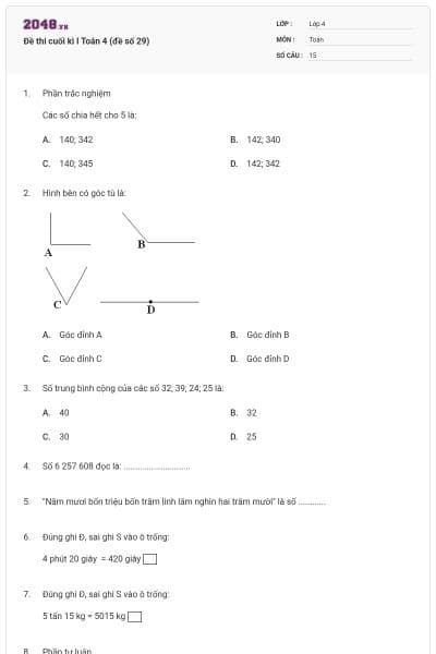 Đề thi cuối kì I Toán 4 (đề số 29)