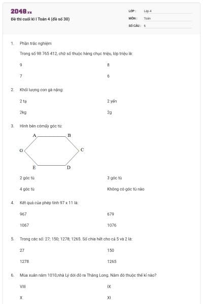 Đề thi cuối kì I Toán 4 (đề số 30)