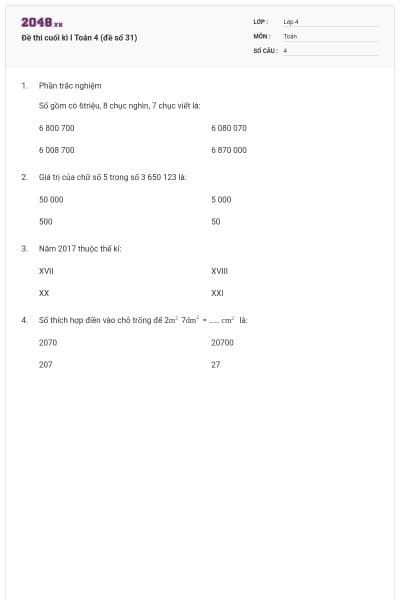 Đề thi cuối kì I Toán 4 (đề số 31)