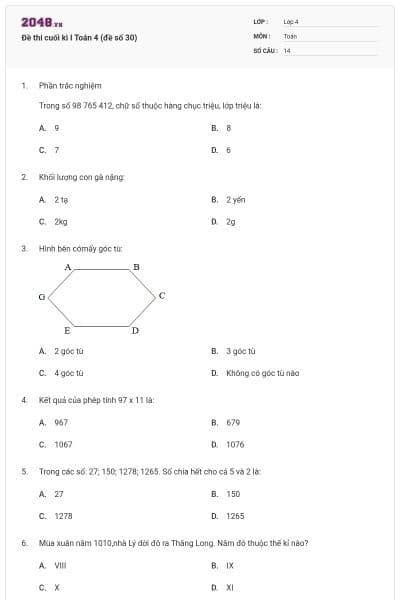 Đề thi cuối kì I Toán 4 (đề số 30)