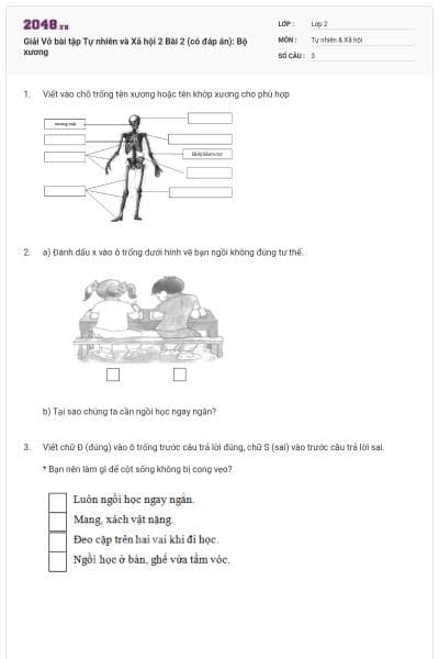 Giải Vở bài tập Tự nhiên và Xã hội 2 Bài 2 (có đáp án): Bộ xương