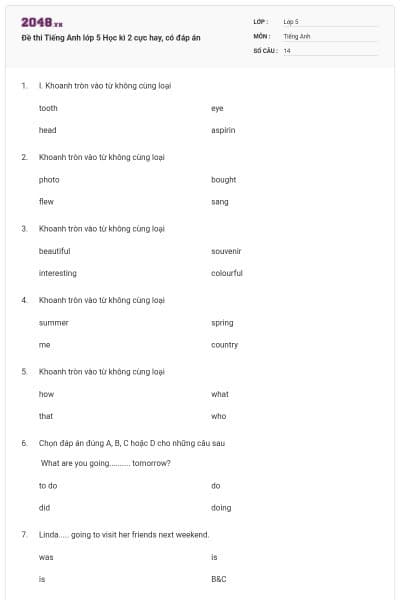 Đề thi Tiếng Anh lớp 5 Học kì 2 cực hay, có đáp án