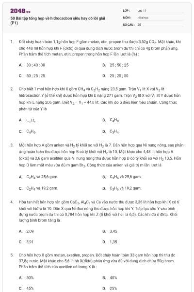 50 Bài tập tổng hợp về hidrocacbon siêu hay có lời giải (P1)