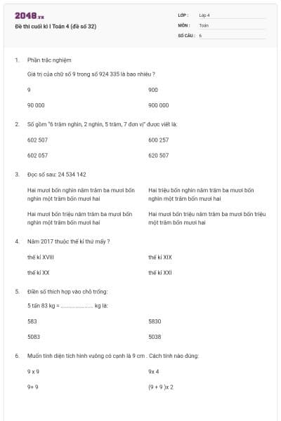 Đề thi cuối kì I Toán 4 (đề số 32)