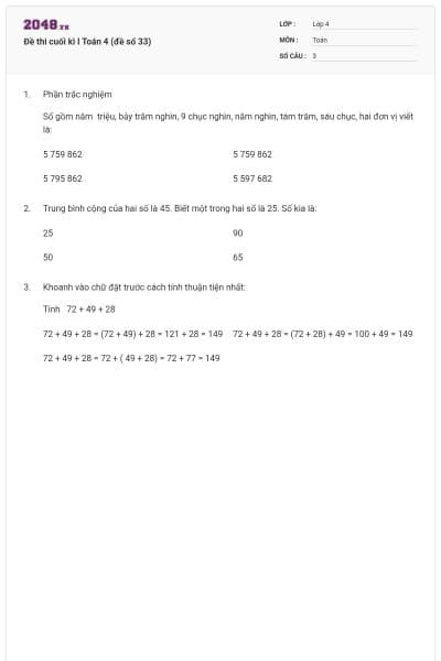 Đề thi cuối kì I Toán 4 (đề số 33)