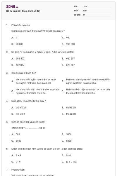 Đề thi cuối kì I Toán 4 (đề số 32)