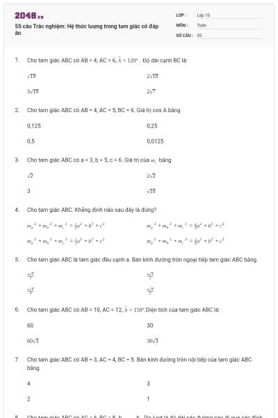 55 câu Trắc nghiệm: Hệ thức lượng trong tam giác có đáp án