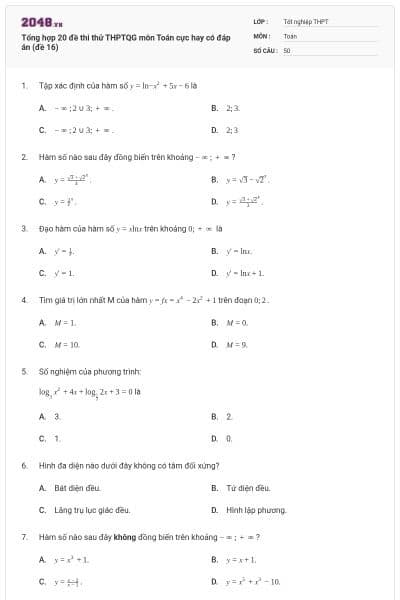 Tổng hợp 20 đề thi thử THPTQG môn Toán cực hay có đáp án (đề 16)