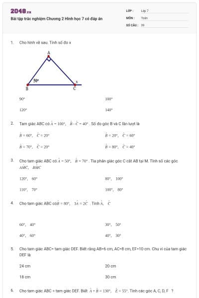 Bài tập trắc nghiệm Chương 2 Hình học 7 có đáp án