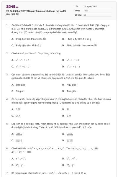 20 Đề thi thử THPTQG môn Toán mới nhất cực hay có lời giải ( đề 13)