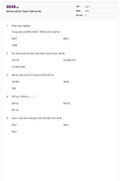 Đề thi cuối kì I Toán 4 (đề số 34)